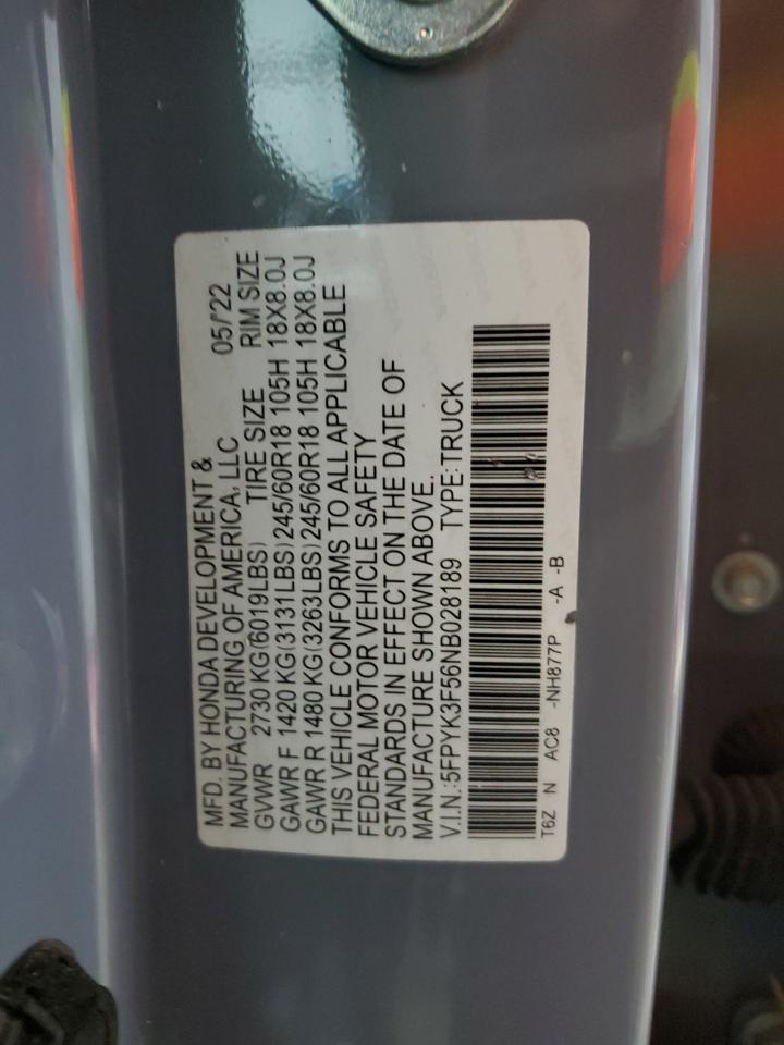 2022 Honda Ridgeline Rtl VIN: 5FPYK3F56NB028189 Lot: 85842595