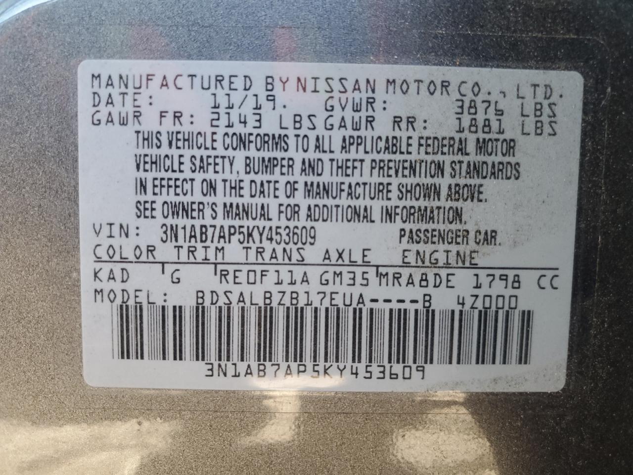 2019 Nissan Sentra S VIN: 3N1AB7AP5KY453609 Lot: 86158395