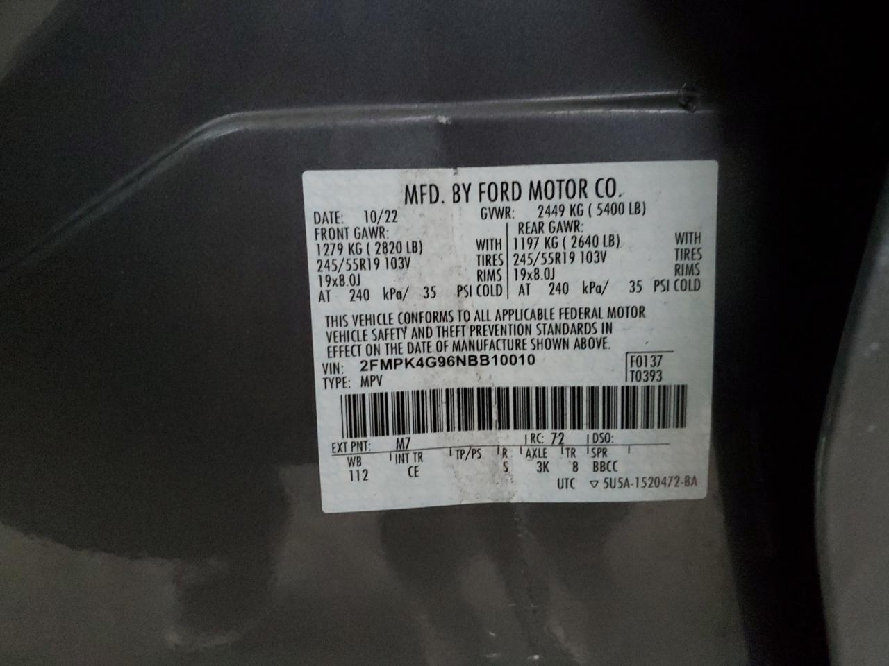 2022 Ford Edge Se VIN: 2FMPK4G96NBB10010 Lot: 86084115