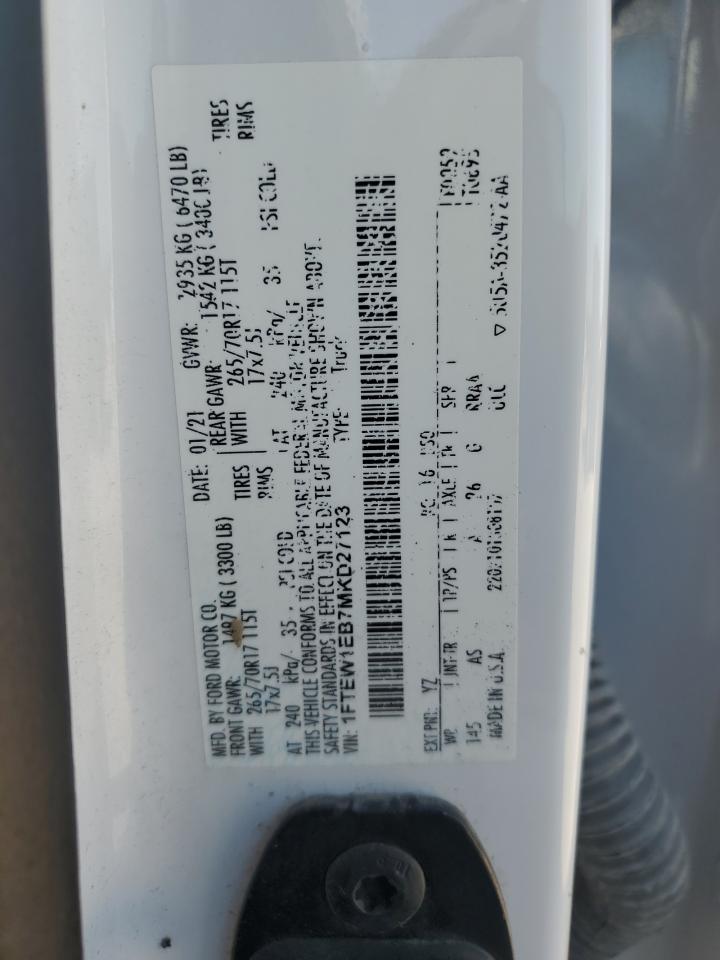 2021 Ford F150 Supercrew VIN: 1FTEW1EB7MKD27123 Lot: 89658995