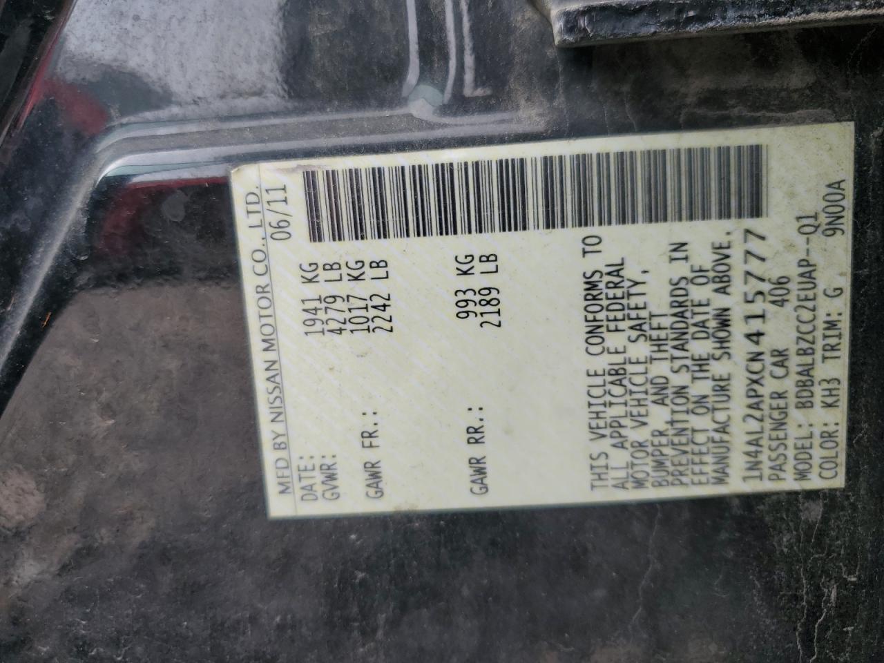 2012 Nissan Altima Base VIN: 1N4AL2APXCN415777 Lot: 82274045