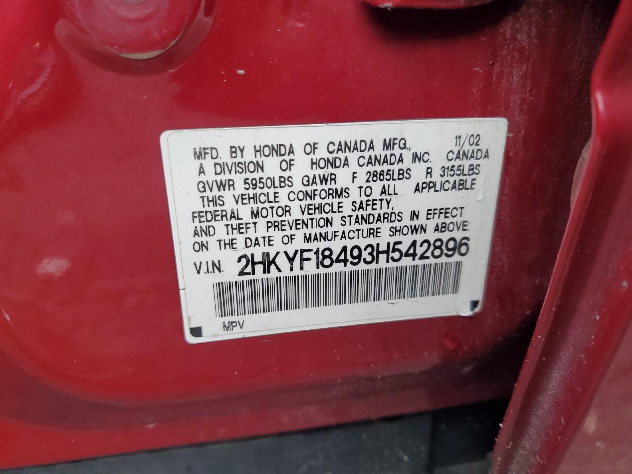 2003 Honda Pilot Ex VIN: 2HKYF18493H542896 Lot: 84620365