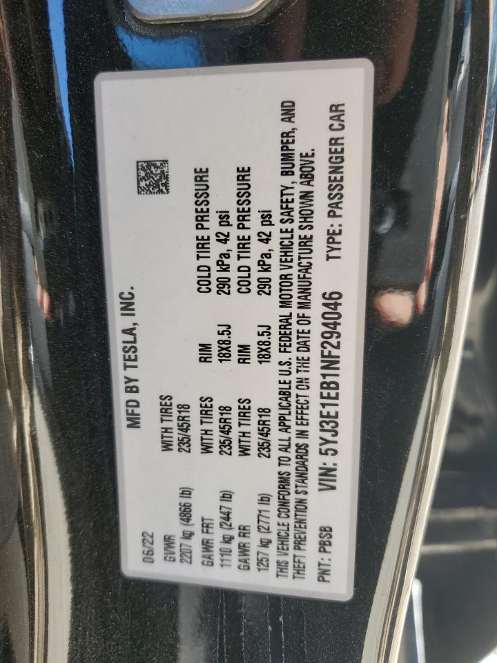 2022 Tesla Model 3 VIN: 5YJ3E1EB1NF294046 Lot: 86305535