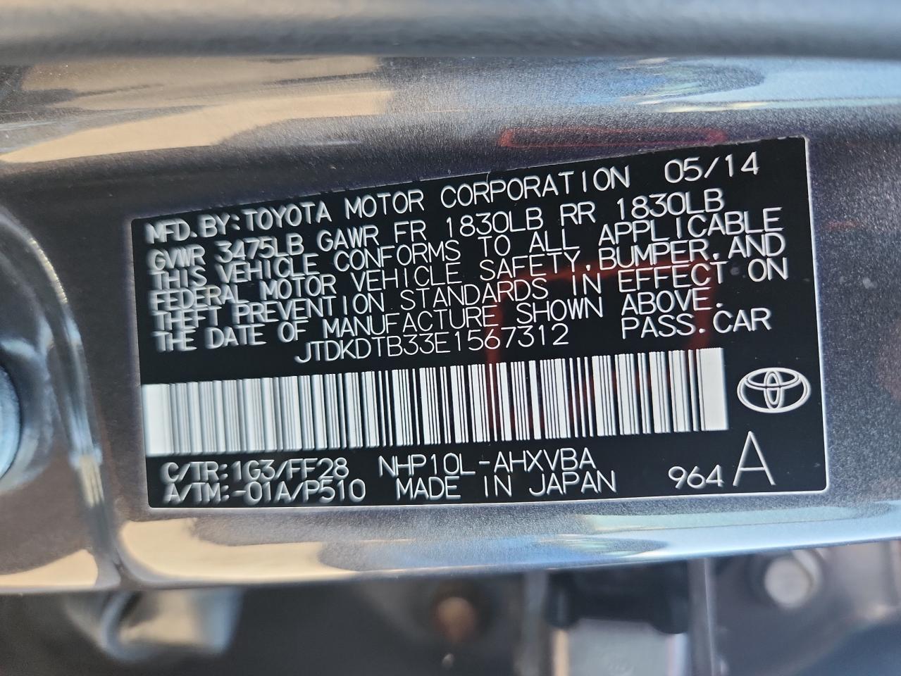 2014 Toyota Prius C VIN: JTDKDTB33E1567312 Lot: 87195835