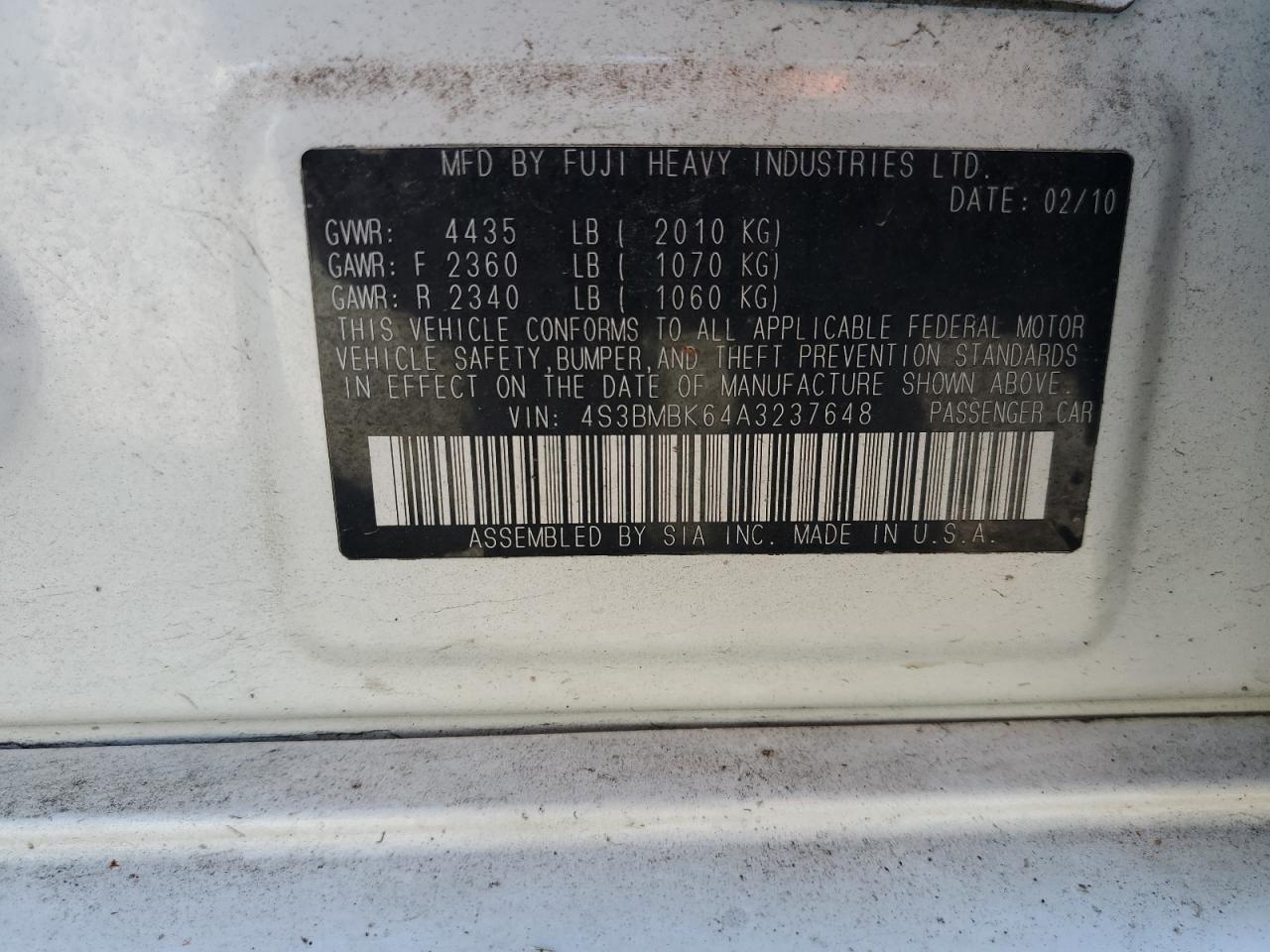 2010 Subaru Legacy 2.5I Limited VIN: 4S3BMBK64A3237648 Lot: 87419335