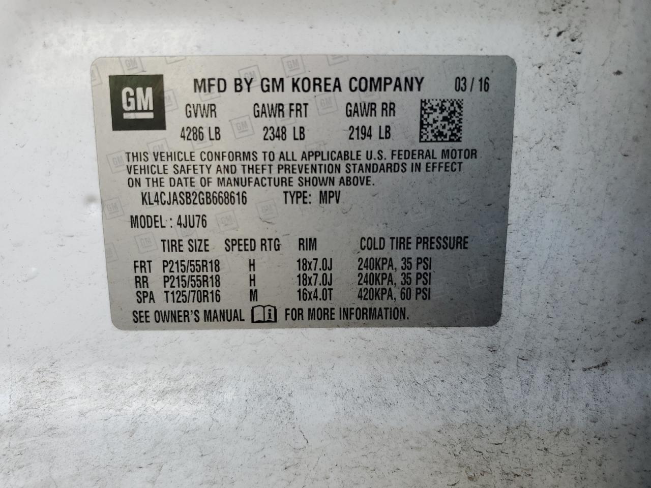 2016 Buick Encore VIN: KL4CJASB2GB668616 Lot: 85564445