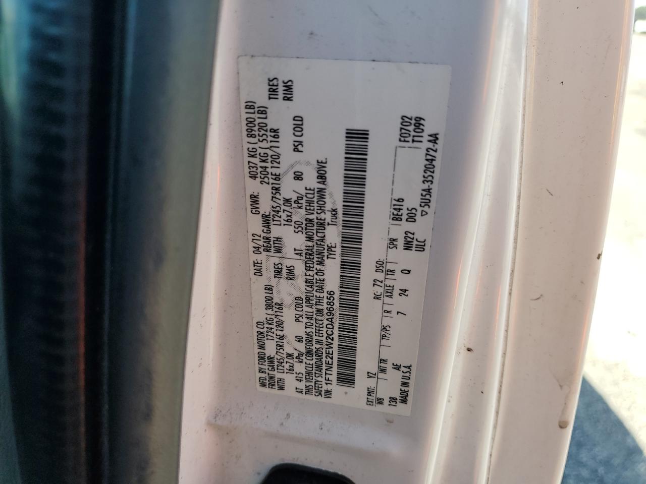 2012 Ford Econoline E250 Van VIN: 1FTNE2EW2CDA96856 Lot: 87408295
