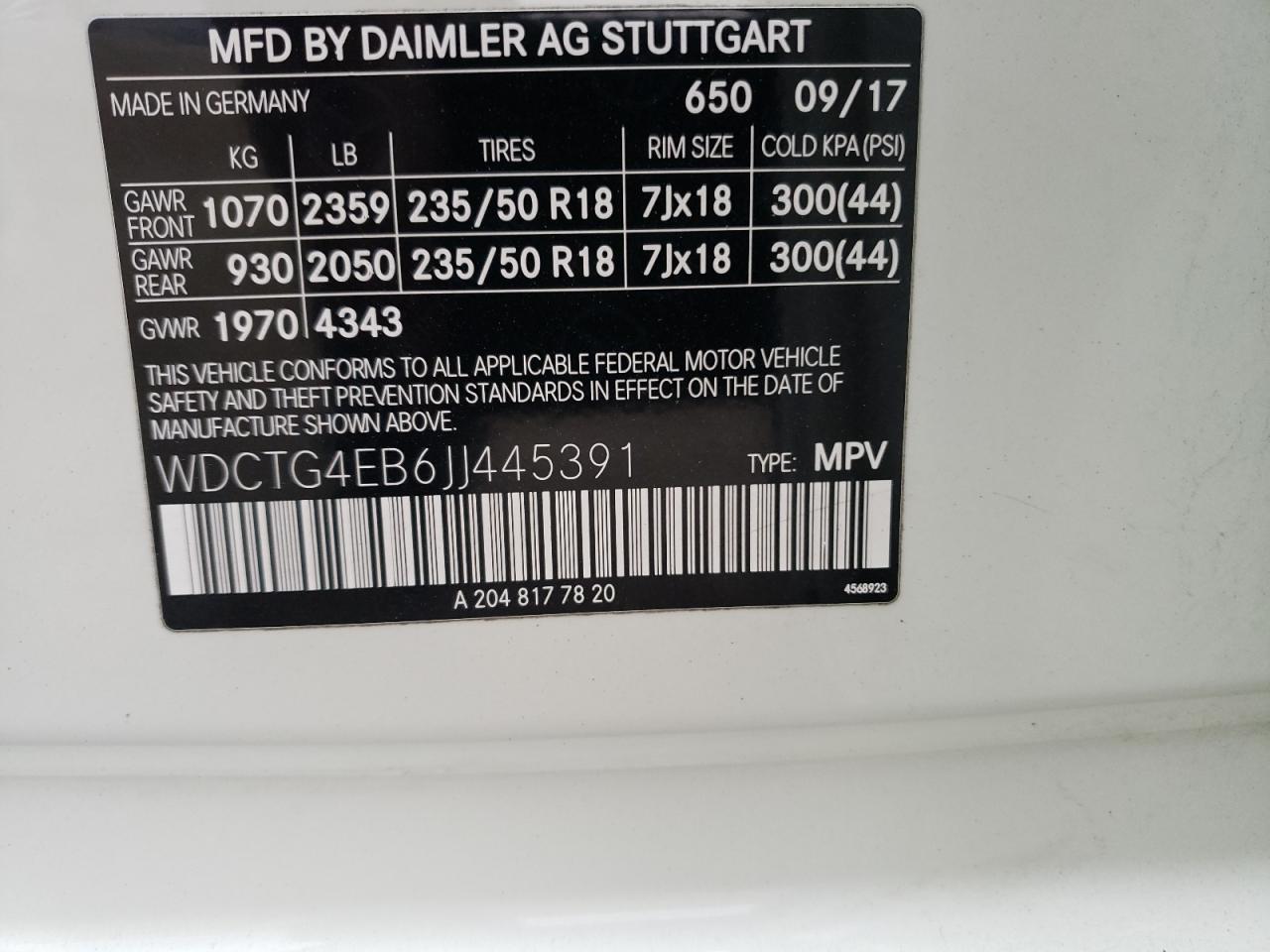 2018 Mercedes Benz Gla 250 VIN: 445391 Lot: 86540235