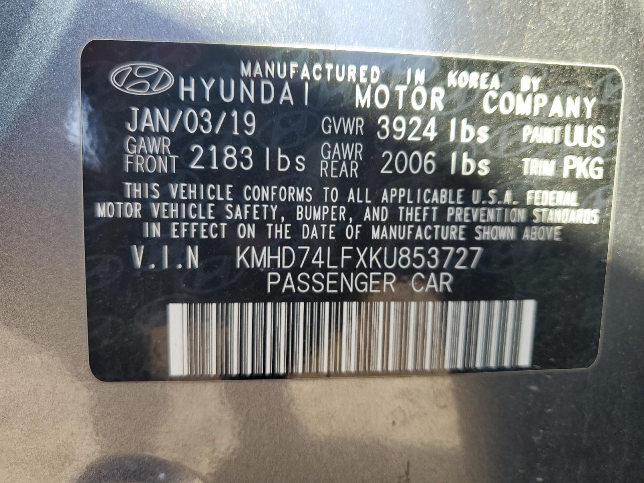 2019 Hyundai Elantra Se VIN: KMHD74LFXKU853727 Lot: 84952905