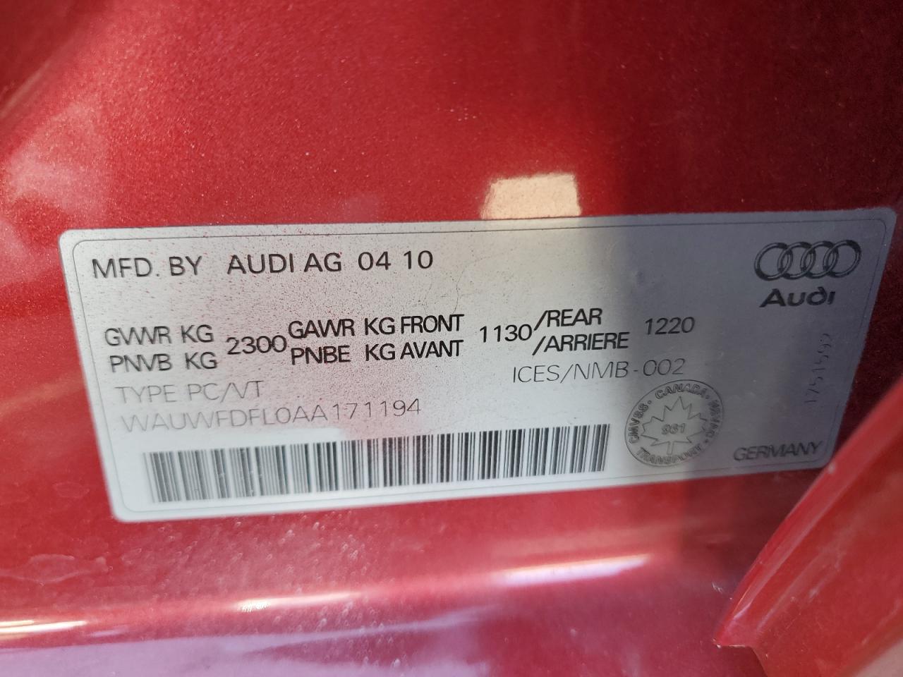 2010 Audi A4 Premium Plus VIN: WAUWFDFL0AA171194 Lot: 86172835