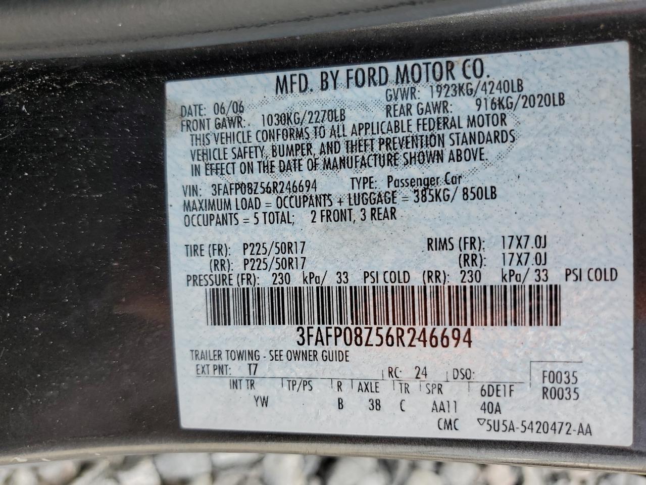 2006 Ford Fusion Sel VIN: 3FAFP08Z56R246694 Lot: 84721595