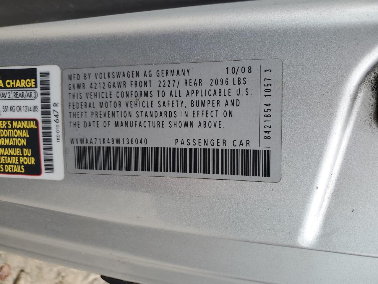 2009 Volkswagen Rabbit VIN: WVWAA71K49W136040 Lot: 84652935