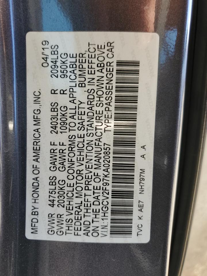 2019 Honda Accord Touring VIN: 1HGCV2F97KA020857 Lot: 82332585