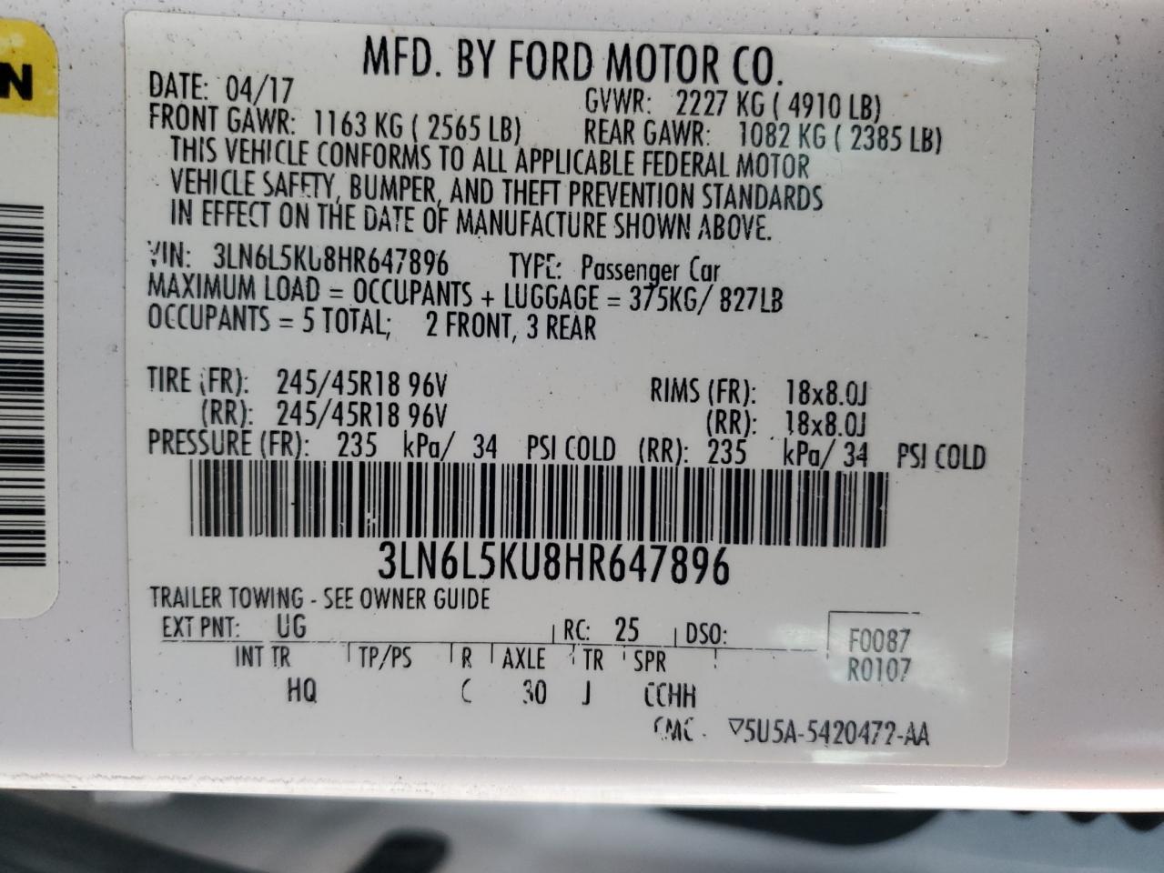 2017 Lincoln Mkz Hybrid Premiere VIN: 3LN6L5KU8HR647896 Lot: 89926425