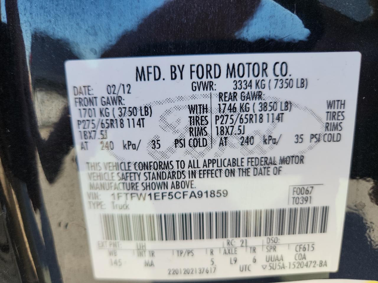 2012 Ford F150 Supercrew VIN: 1FTFW1EF5CFA91859 Lot: 87251855