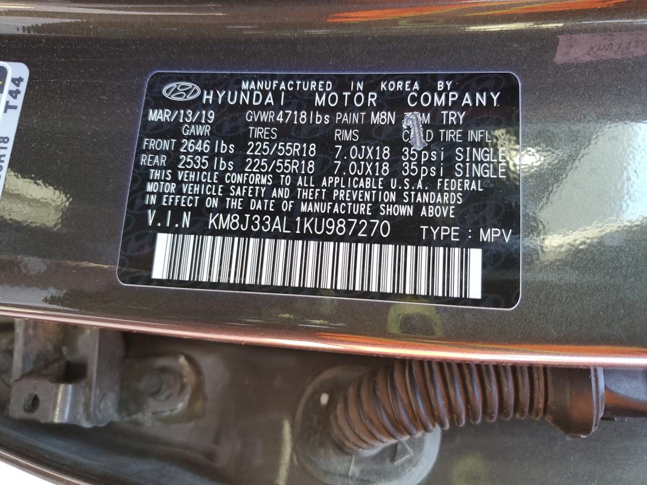 2019 Hyundai Tucson Limited VIN: KM8J33AL1KU987270 Lot: 84604165