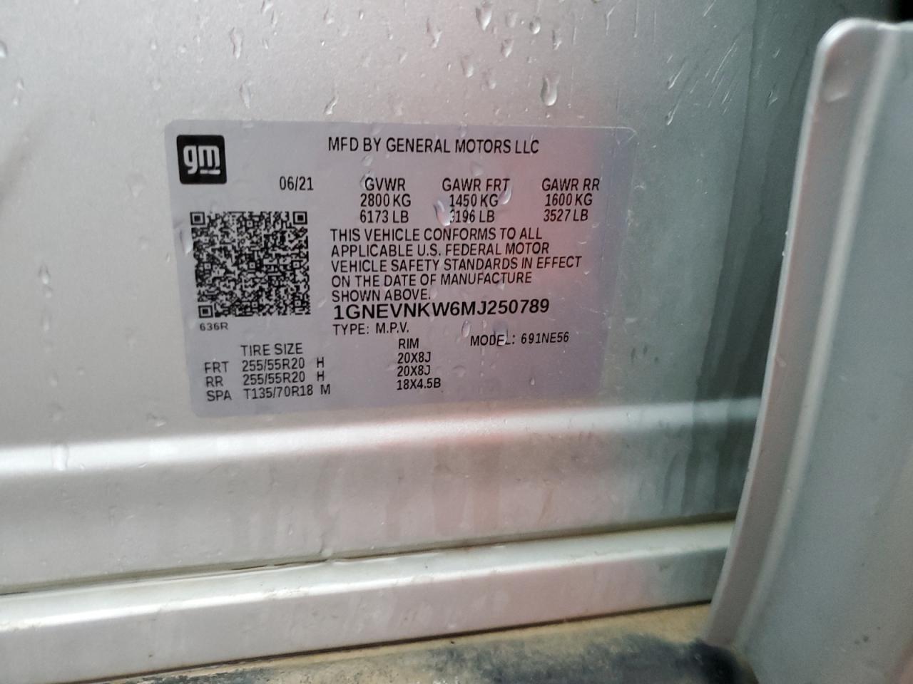 2021 Chevrolet Traverse High Country VIN: 1GNEVNKW6MJ250789 Lot: 85547855
