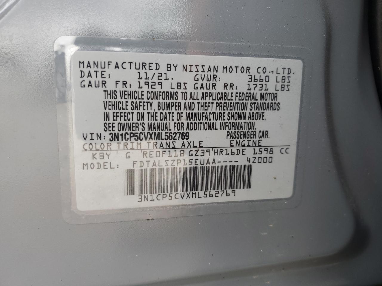 2021 Nissan Kicks Sv VIN: 3N1CP5CVXML562769 Lot: 90789025