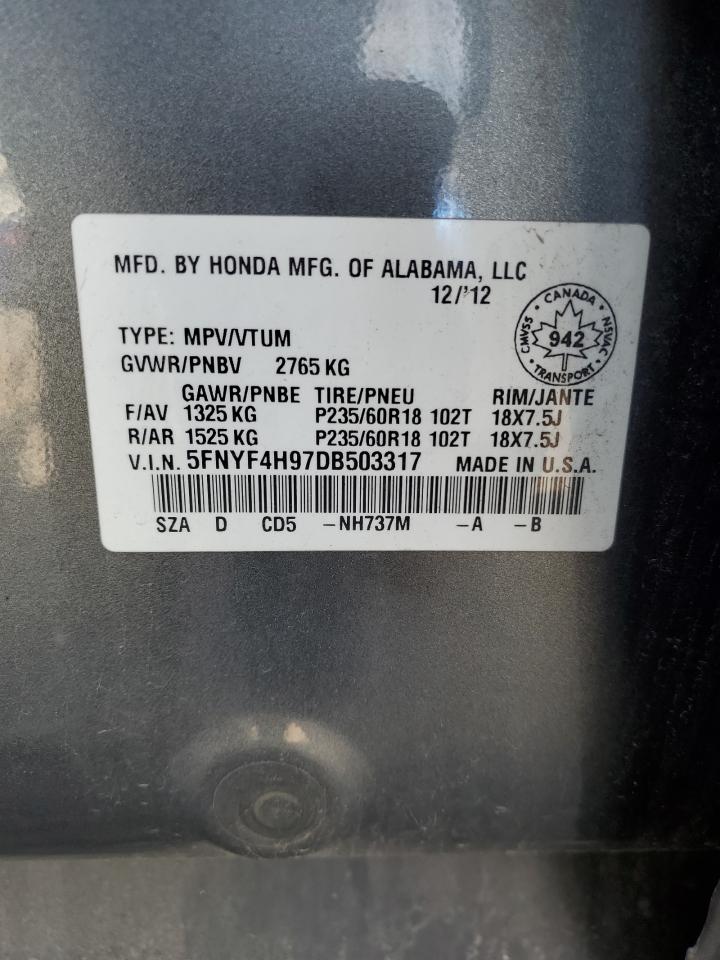 2013 Honda Pilot Touring VIN: 5FNYF4H97DB503317 Lot: 85814625