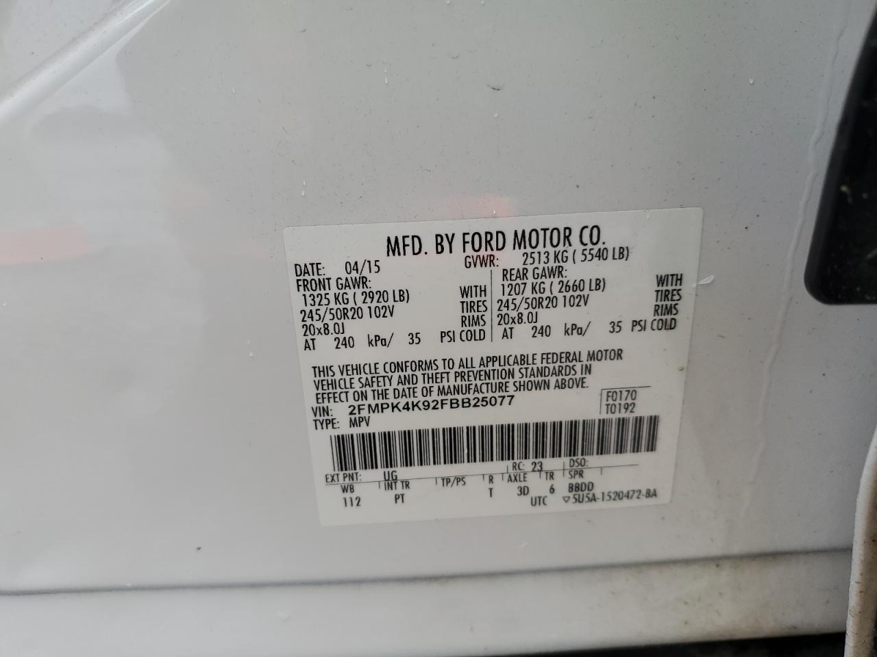 2015 Ford Edge Titanium VIN: 2FMPK4K92FBB25077 Lot: 90570865