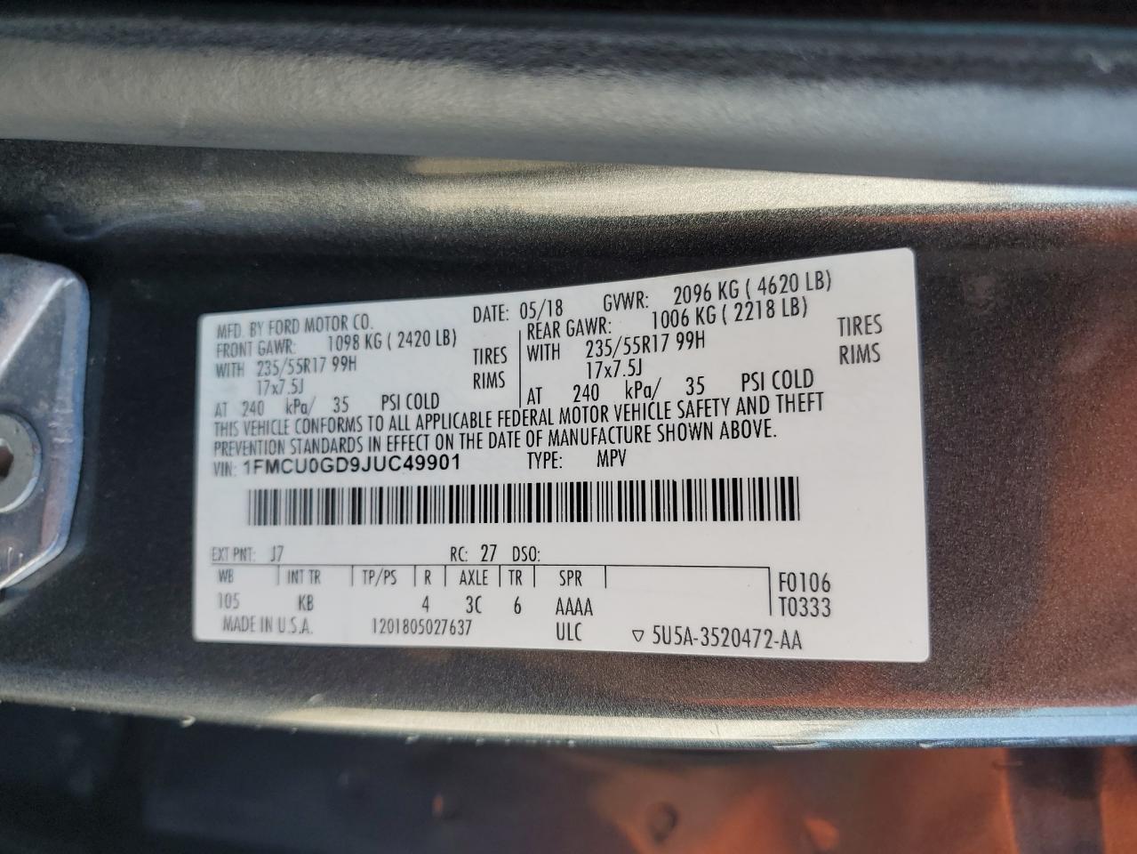 2018 Ford Escape Se VIN: 1FMCU0GD9JUC49901 Lot: 86839565