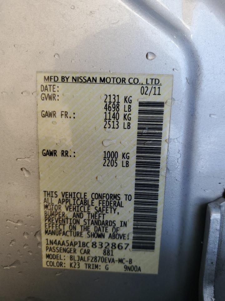 2011 Nissan Maxima S VIN: 1N4AA5AP1BC832867 Lot: 84067755