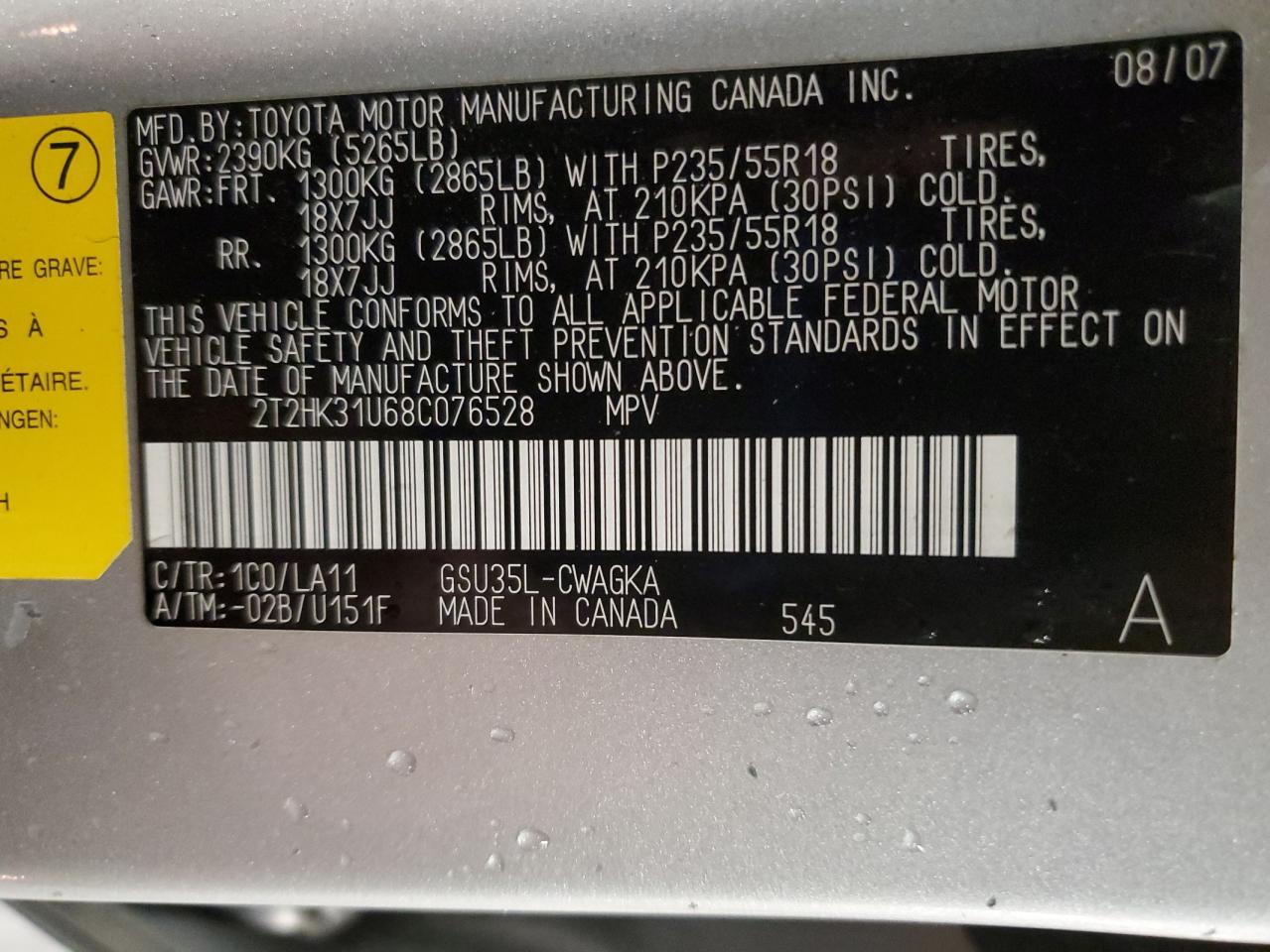 2008 Lexus Rx 350 VIN: 2T2HK31U68C076528 Lot: 90142575