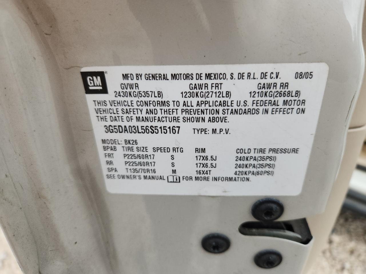 2006 Buick Rendezvous Cx VIN: 3G5DA03L56S515167 Lot: 82384945