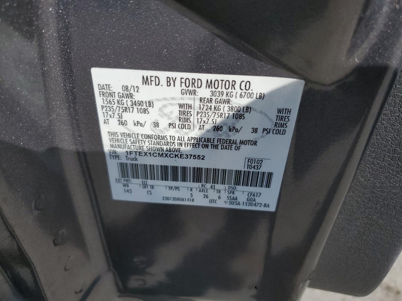 2012 Ford F150 Super Cab VIN: 1FTEX1CMXCKE37552 Lot: 84991985