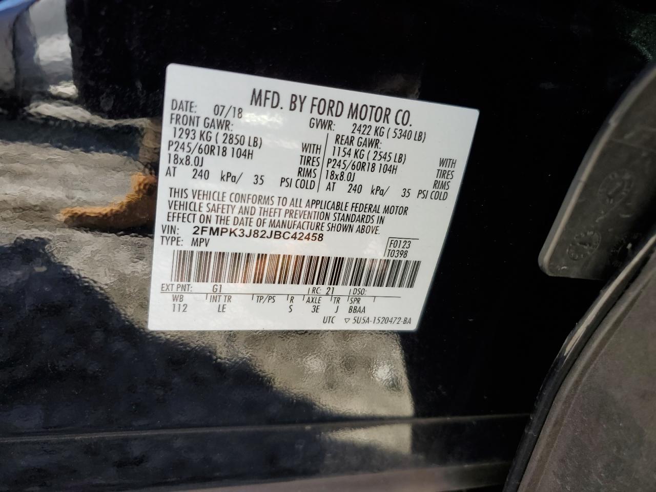 2018 Ford Edge Sel VIN: 2FMPK3J82JBC42458 Lot: 90635035