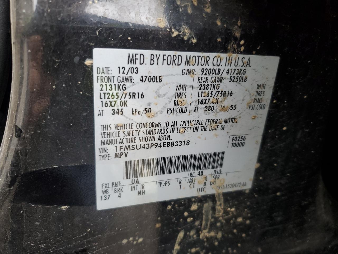 2004 Ford Excursion Limited VIN: 1FMSU43P94EB83318 Lot: 90995235