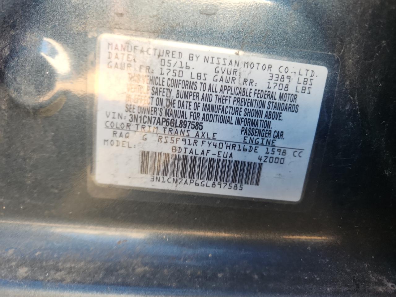 2016 Nissan Versa S VIN: 3N1CN7AP6GL897585 Lot: 84560215