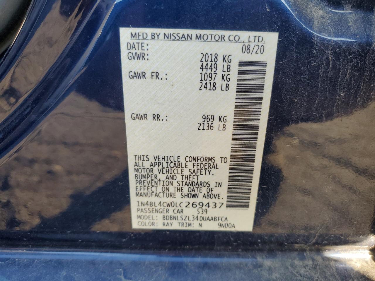 2020 Nissan Altima Sr VIN: 1N4BL4CW0LC269437 Lot: 82480805