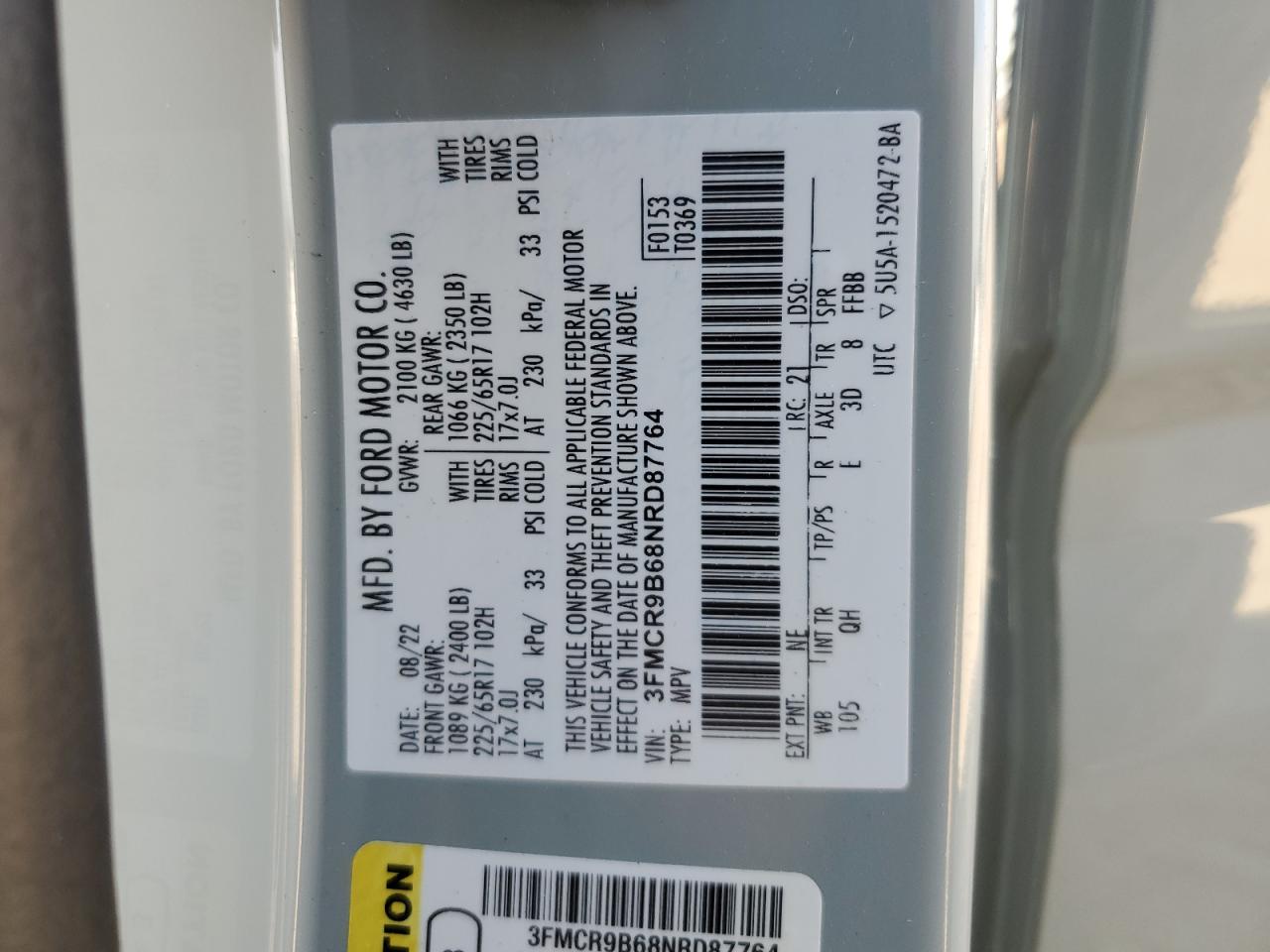 2022 Ford Bronco Sport Big Bend VIN: 3FMCR9B68NRD87764 Lot: 81943235