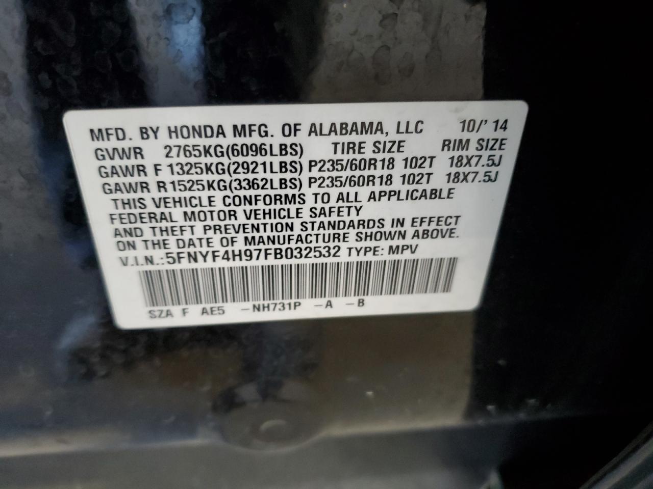 2015 Honda Pilot Touring VIN: 5FNYF4H97FB032532 Lot: 82273545