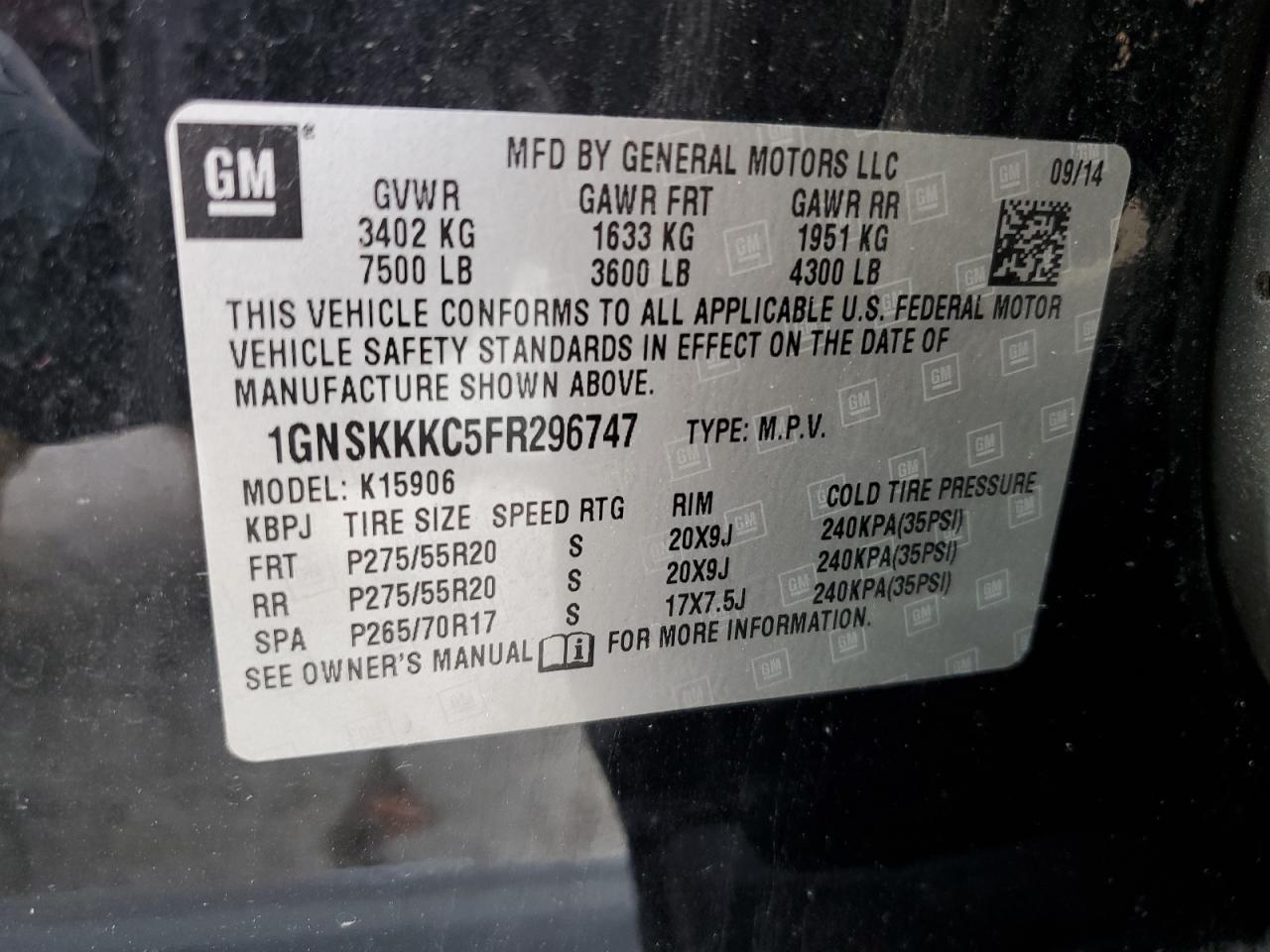 2015 Chevrolet Suburban K1500 Ltz VIN: 1GNSKKKC5FR296747 Lot: 86699205