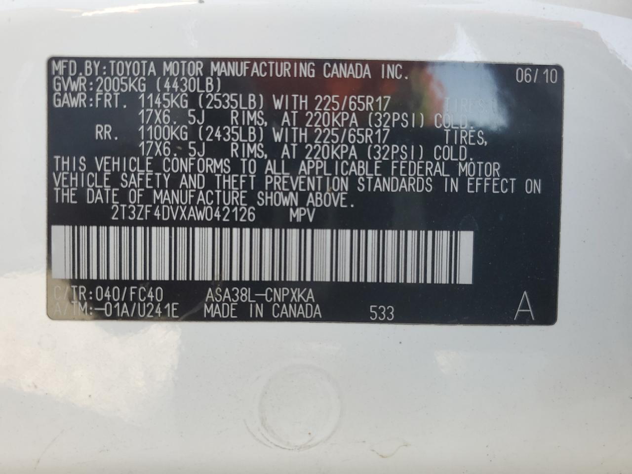 2010 Toyota Rav4 VIN: 2T3ZF4DVXAW042126 Lot: 82607515