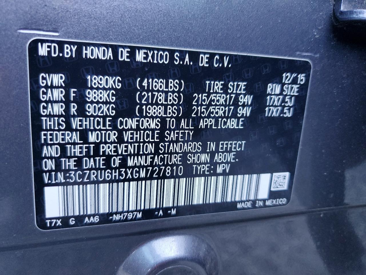 2016 Honda Hr-V Lx VIN: 3CZRU6H3XGM727810 Lot: 81980845