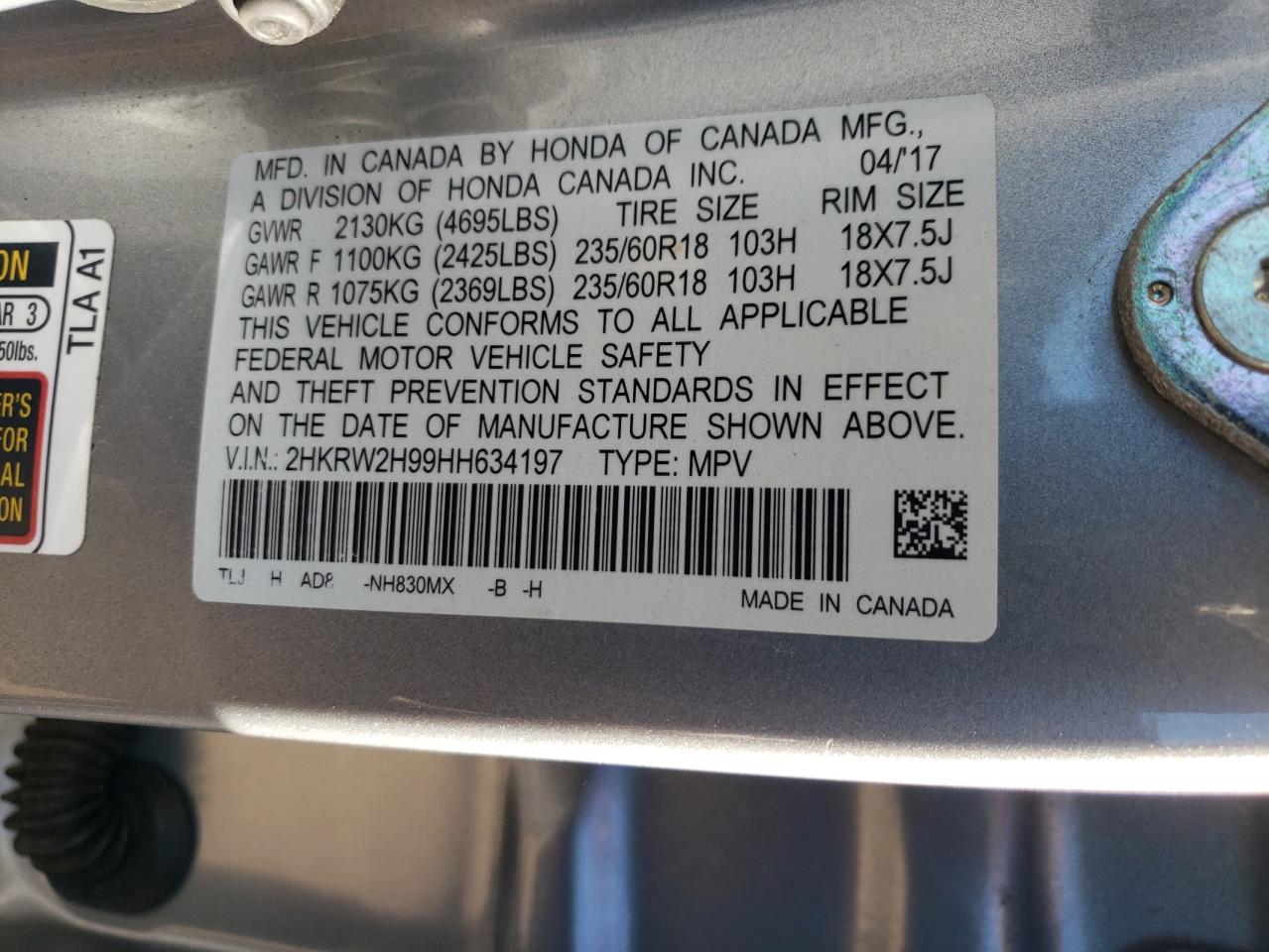 2017 Honda Cr-V Touring VIN: 2HKRW2H99HH634197 Lot: 85301135