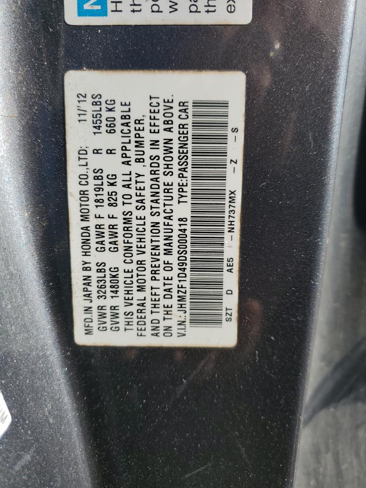 2013 Honda Cr-Z VIN: JHMZF1D49DS000418 Lot: 86696085