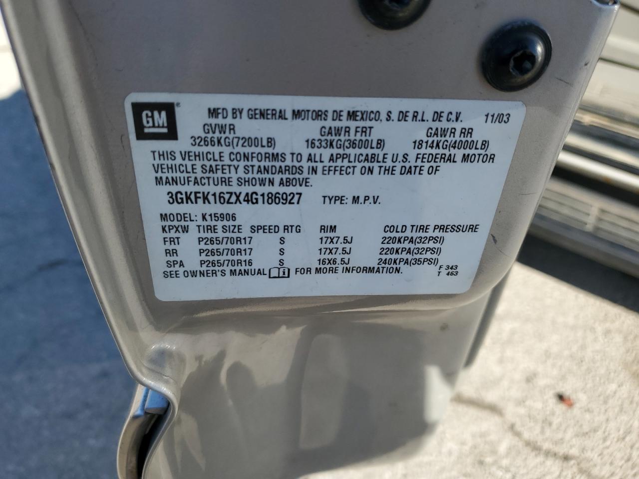 2004 GMC Yukon Xl K1500 VIN: 3GKFK16ZX4G186927 Lot: 90629535