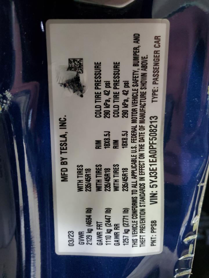 2023 Tesla Model 3 VIN: 5YJ3E1EA0PF508213 Lot: 84864255