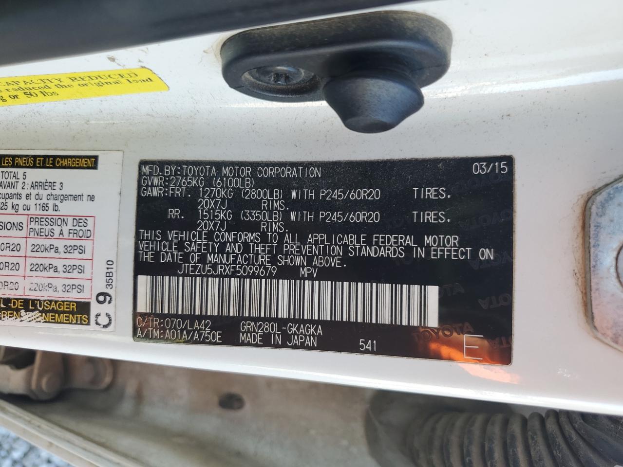 2015 Toyota 4Runner Sr5 VIN: JTEZU5JRXF5099679 Lot: 85707495