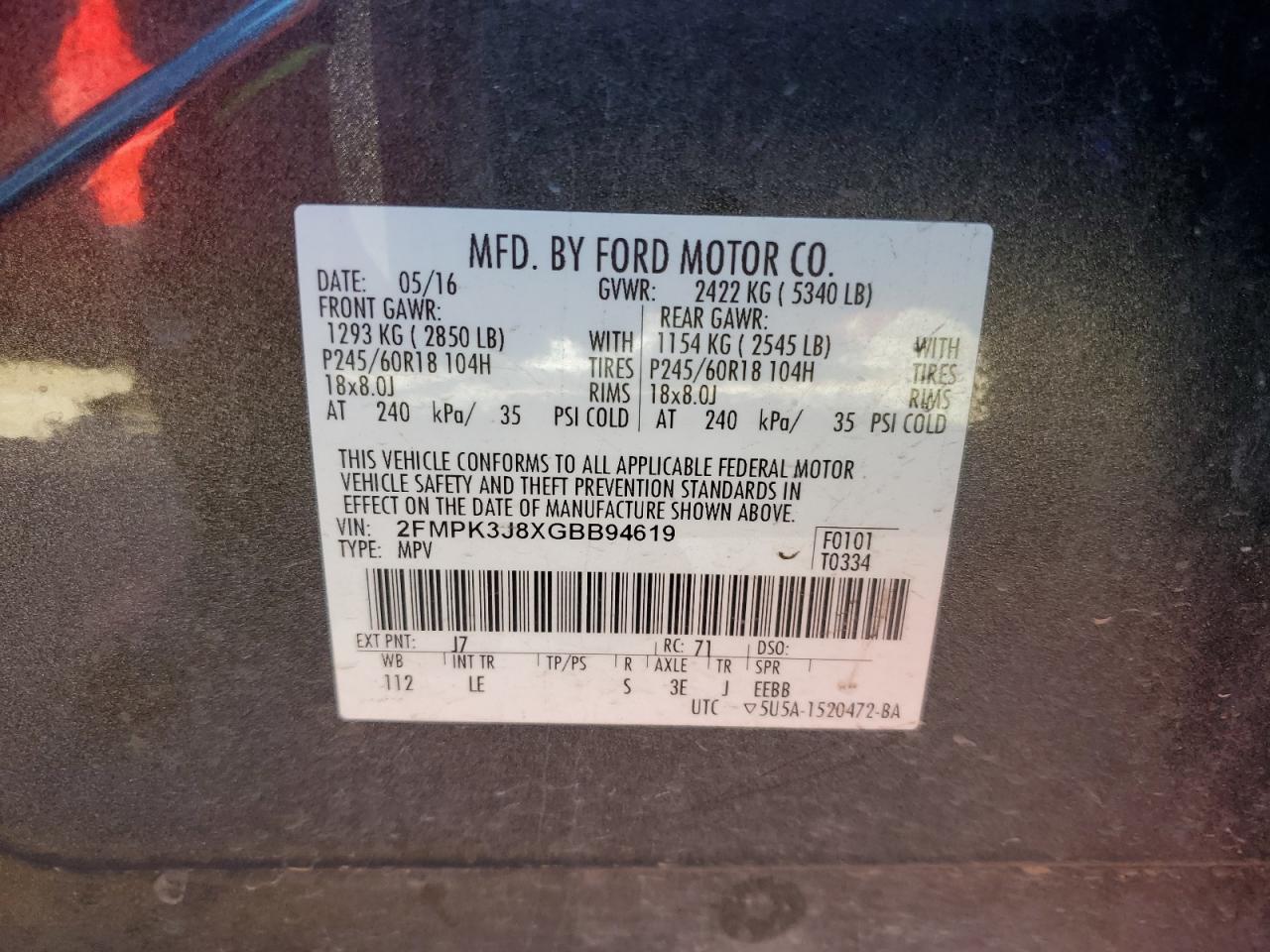 2016 Ford Edge Sel VIN: 2FMPK3J8XGBB94619 Lot: 90470695