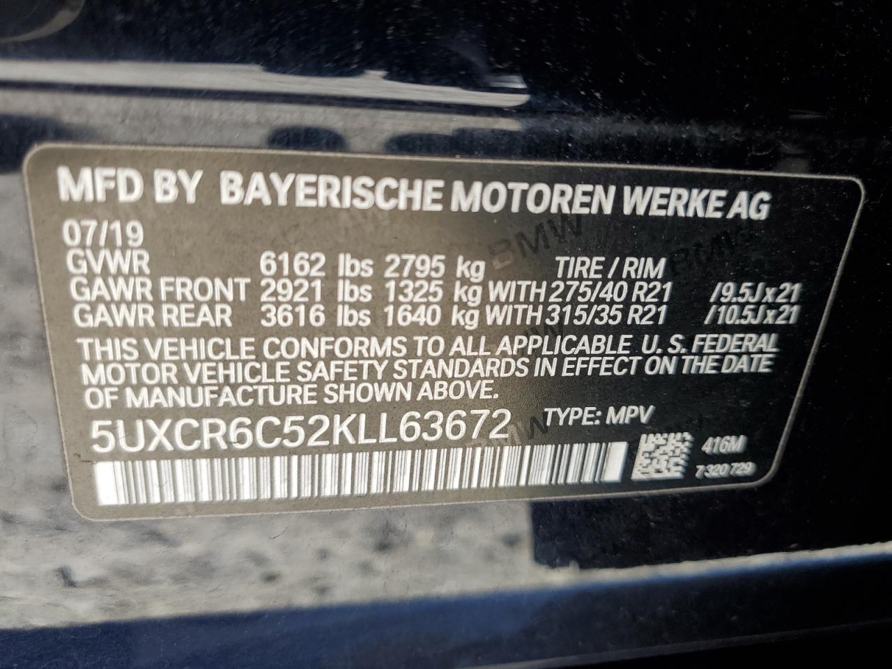 2019 BMW X5 xDrive40I VIN: 5UXCR6C52KLL63672 Lot: 85373335