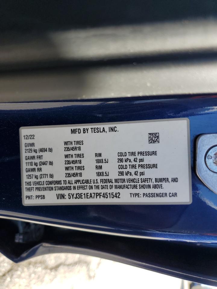 2023 Tesla Model 3 VIN: 5YJ3E1EA7PF451542 Lot: 84730345