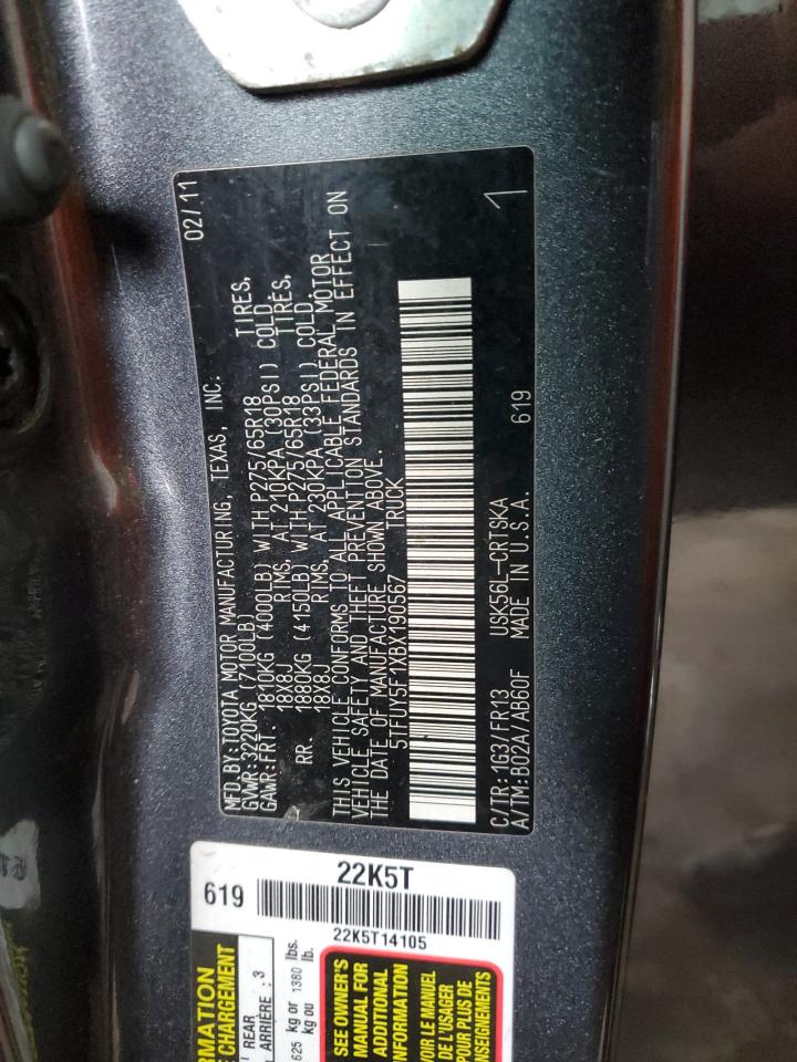 2011 Toyota Tundra Double Cab Sr5 VIN: 5TFUY5F1XBX190567 Lot: 84893895