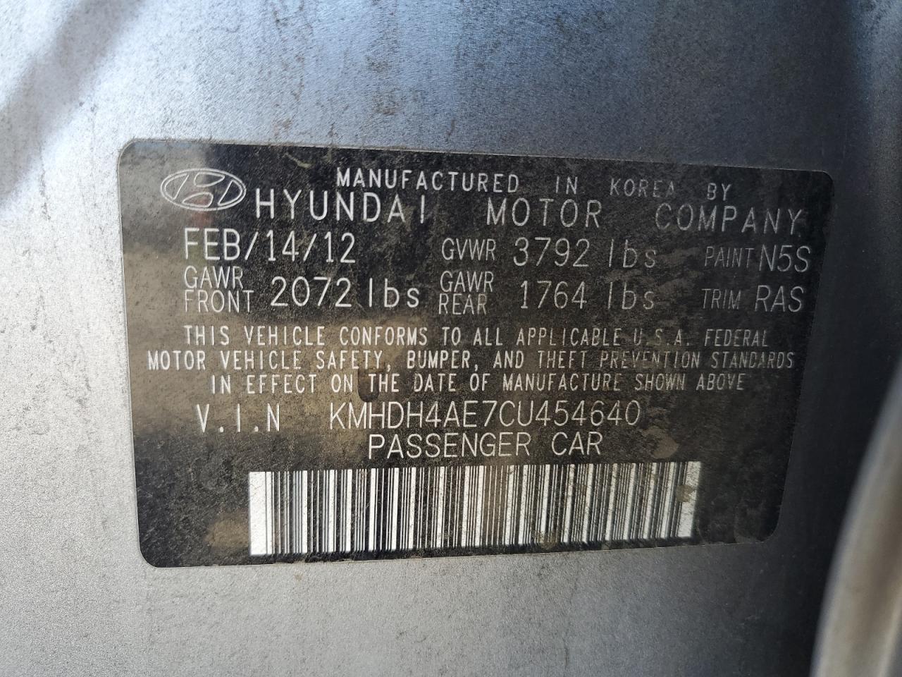 2012 Hyundai Elantra Gls VIN: KMHDH4AE7CU454640 Lot: 82335265