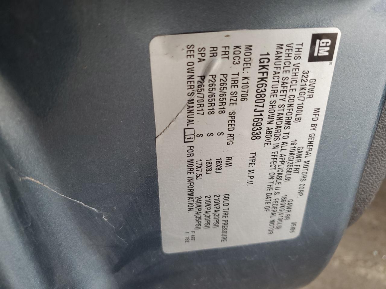 2007 GMC Yukon Denali VIN: 1GKFK63807J169338 Lot: 82208995