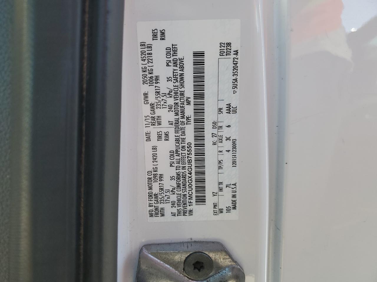 2016 Ford Escape Se VIN: 1FMCU0GX4GUB75550 Lot: 87262465